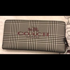 Coach black plaid wallet with wine colored accents